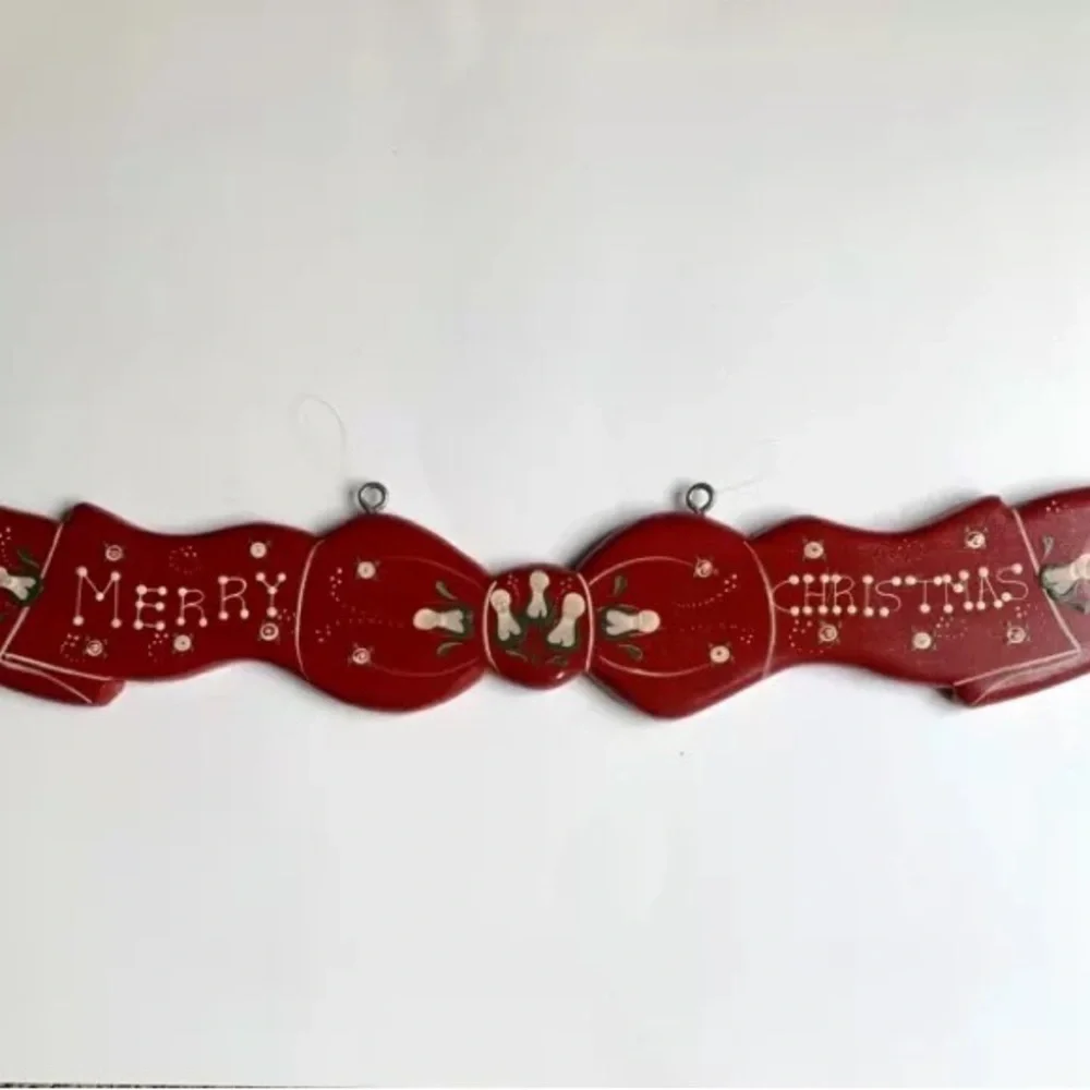 Red Merry Christmas Hanging Wood Sign Wall Plaque Ribbon Bow Hand Painted 24”